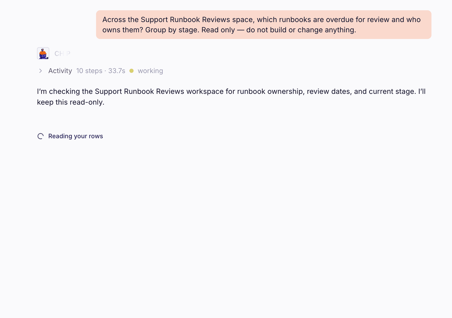 A build in progress: the Activity line, with a plain-language status underneath.